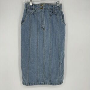 Vintage 80s High Waisted Denim Midi Skirt Western Rodeo Paneled Blue Jean Size 6